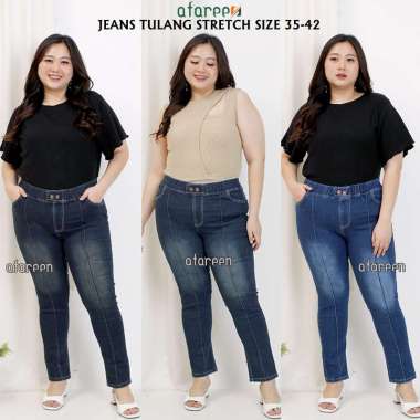 Afareen - Celana Jeans Wanita Jumbo Jeans Tulang Front Line Legging Jeans Pinggang Karet Wisker 39 B