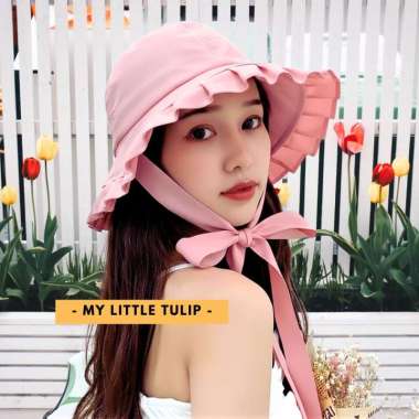 Bucket Hat Lebar Wanita / Topi Bucket Hijab Tali Panjang / Topi Cewek Pink