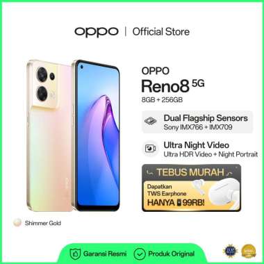 OPPO Reno8 5G 8GB/256GB Smarphone (Garansi Resmi) Gold Tebus Murah TWS