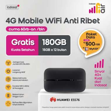 Indosat Hifi Air Huawei E5576 MiFi Modem WiFi Router 4G LTE Free Indosat 180GB Hitam
