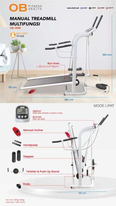 Treadmill Manual OB-2018 Multifungsi Max User 75 kg