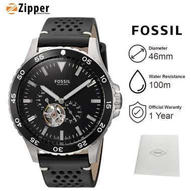 Jam Tangan Pria Fossil ME3148 Men Crewmaster Sport Automatic Black Skeleton Dial Black Leather Strap