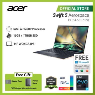 ACER LAPTOP SWIFT 5 AEROSPACE SF514-56T-752Y 14" IPS QHD INTEL EVO I7-1260P RAM 16GB STORAGE 1TB SSD