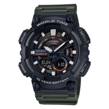 Jam Tangan Pria Casio General AEQ-110W-3AVDF Men Digital Analog Dial Green Resin Band Hijau