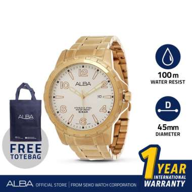 Jam Tangan Pria Gold Stainless Alba AG8G54 Quartz Analog Original White Gold