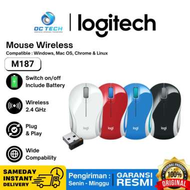 Mouse Logitech Wireless M187 Mouse WIreless USB Dongle 2.4 GHz Logitech Original Free Baterai putih