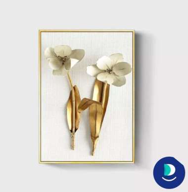 Lukisan Bunga Emas Kanvas Print HD Modern Seperti Timbul Termasuk Bingkai Frame Gold Ukuran 60x40 cm