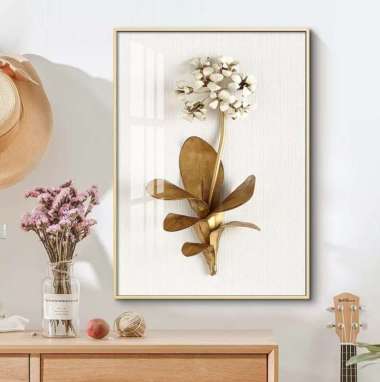 Lukisan Bunga Emas Kanvas Print HD Modern Seperti Timbul Termasuk Bingkai Frame Gold Ukuran 60x40 cm