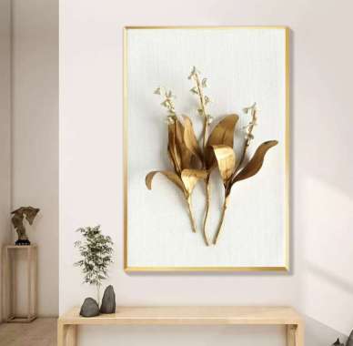 Lukisan Bunga Emas Kanvas Print HD Modern Seperti Timbul Termasuk Bingkai Frame Gold Ukuran 60x40 cm