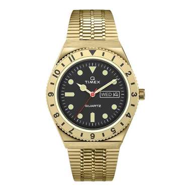 Jam Tangan Pria Timex Q TW2V18800 Reissue Men Black Dial Gold Stainless Steel Strap Gold