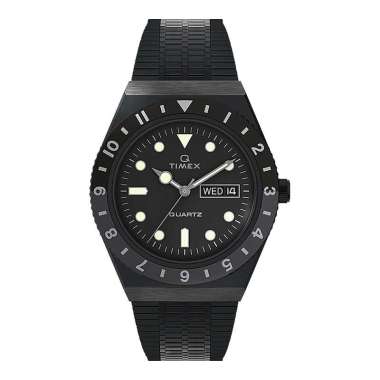 Jam Tangan Pria Timex Q TW2U61600 Reissue Men Black Dial Black Stainless Steel Strap Hitam