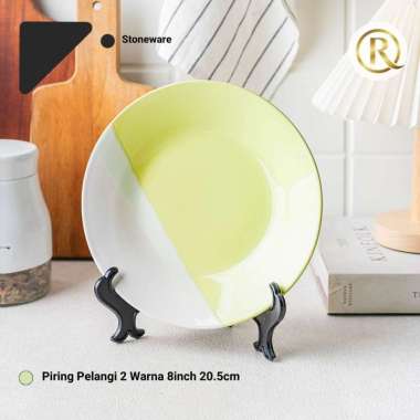 Piring Pelangi 2 Warna Stoneware Keramik 8inch 20.5cm Polos HIJAU PUTIH