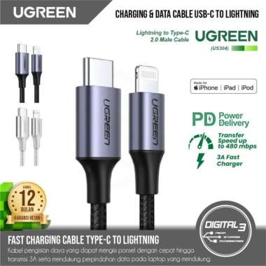 Kabel Data UGREEN US304 USB Type C to Lightning MFI Cable Charger Iphone PD 2 Meter Silver