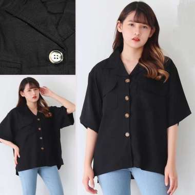 Knapp - Kemeja polos wanita oversize lengan pendek Black