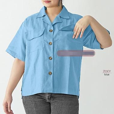 Knapp - Kemeja polos wanita oversize lengan pendek Blue