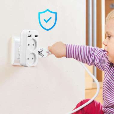Stop Kontak Listrik 2 EU Plug + 2 USB Port Colokan Listrik 2 Socket Safety Power Wall