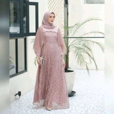 Luna Dress Gamis Brukat Tille Dress Muslim Wanita Latte Reguler