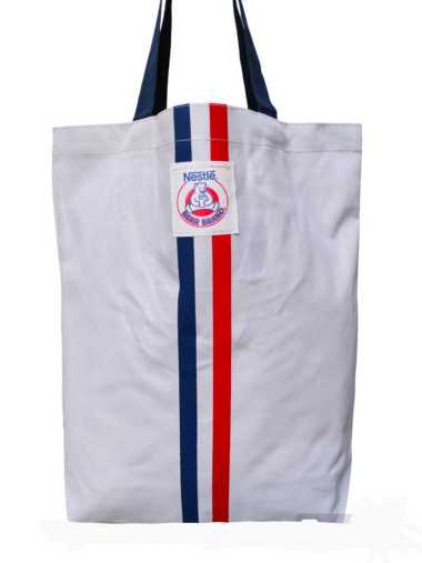 Tote Bag Bear Brand, Tas Belanja Susu Beruang By Nestle Putih Motif Garis/Lis