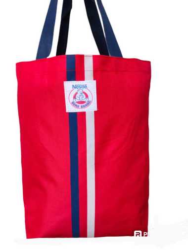 Tote Bag Bear Brand, Tas Belanja Susu Beruang By Nestle Merah Motif Garis/Lis