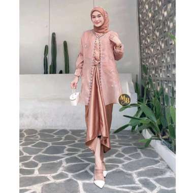 Dress Muslim Wanita One Set Organza Gamis Lebaran Set Rok Lilit Outer Inner hitam XXL