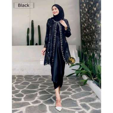 Dress Muslim Wanita One Set Organza Gamis Lebaran Set Rok Lilit Outer Inner hitam L