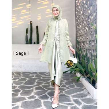 Dress Muslim Wanita One Set Organza Gamis Lebaran Set Rok Lilit Outer Inner sage XXL