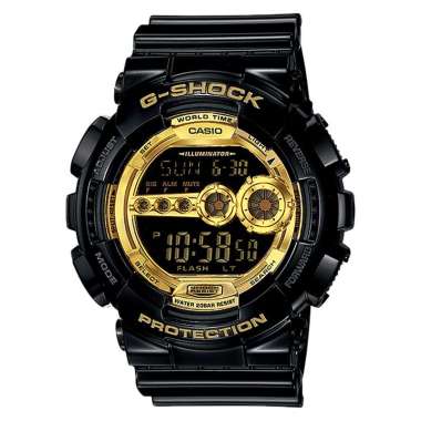 Jam Tangan Pria Casio G-Shock GD-100GB-1DR Men Black And Gold Series Digital Dial Black Resin Band B