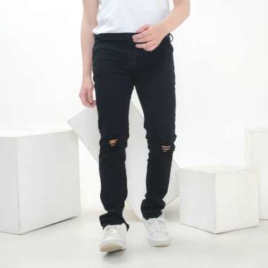 ZWECKOUT LABEL Celana Jeans Pria Sobek Panjang Ripped Bikers Lutut Slim Fit Original 28 BLACK