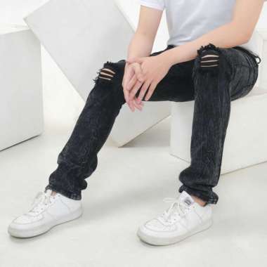 ZWECKOUT LABEL Celana Jeans Pria Sobek Panjang Ripped Bikers Lutut Slim Fit Original 38 SANWASH