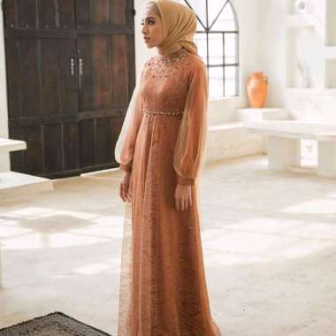 Nadine Dress Dress Muslim Wanita Gamis Brukat Tulle terracotta XL