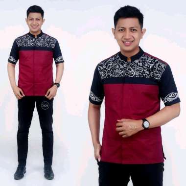 Kemeja Batik Kombinasi Lengan Pendek Baju Polos Kombinasi Batik Kekinian hitam L