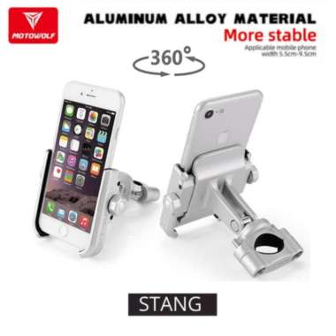 Motowolf Holder Handphone Motor Stang Spion 360 Almunium Alloy STANG SILVER