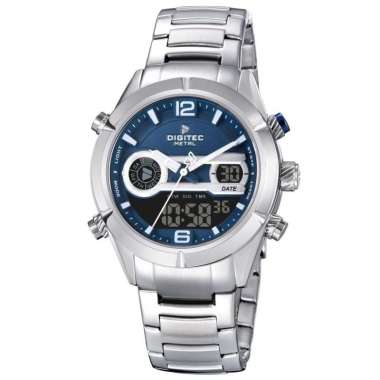 DIGITEC DAM-2801R Jam Tangan Pria Dual Time Case Metal Stainless Steel Strap-Silver Biru Original