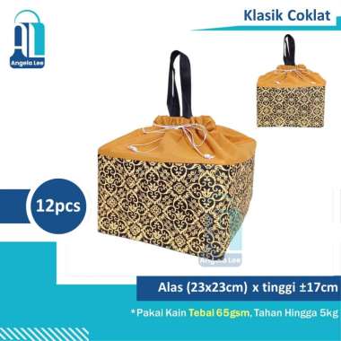 12pcs Tas Kain Serut Motif Batik untuk 2box Nasi Kotak 22x22 hajatan Klasik Coklat
