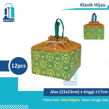 12pcs Tas Kain Serut Motif Batik untuk 2box Nasi Kotak 22x22 hajatan Klasik Hijau