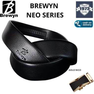 BREWYN NEO SERIES - Ikat pinggang pria rel gesper sabuk KULIT - FREE EXCLUSIVE GIFT BOX BLACK GOLD N