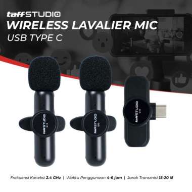 TaffSTUDIO Wireless Microphone Clip On Lavalier HP Phone Type C Lightning Iphone Type C + 2 Mic
