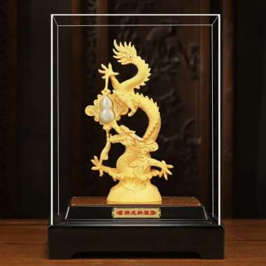 BAI GIFT Patung Naga Giok Lapis Emas 24K Pajangan Shio Naga dengan Giok EMAS