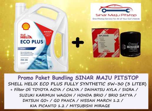 Paket Oli SHELL HELIX ECO PLUS FULL SYNTHETIC 5W-30 API SN Segel Hologram 3 Liter & FILTER OLI MOBIL