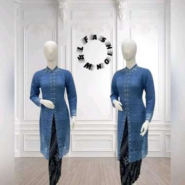 MOANA Baju Setelan Rok Kebaya Plisket Set Brukat Wanita Muslim Murah blue