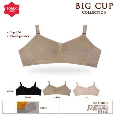 Sorex Big Cup 01005 Bra Polos Tanpa Kawat Busa Tipis Kait 2 BH Harian 40 Hitam