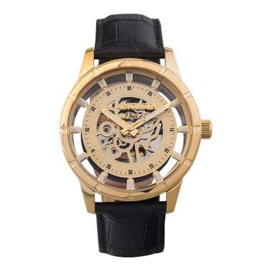 Jam Tangan Pria INVICTA Objet D Art 25260 Gold Semi Skeleton Dial Black Leather Strap Hitam