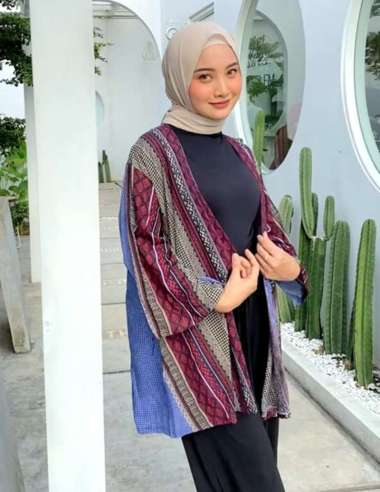 Outer Cardigan Kimono Batik, Cardigan Wanita Oversize, Cardigan Katun Batik Biru
