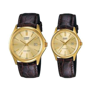 Jam Tangan Couple Casio General LTP-1183Q-9ADF_MTP-1183Q-9ADF Couple Analog Gold Dial Brown Leather 