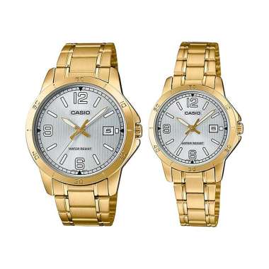 Jam Tangan Couple Casio General LTP-V004G-7B2UDF_MTP-V004G-7B2UDF Couple Silver Dial Gold Stainless 