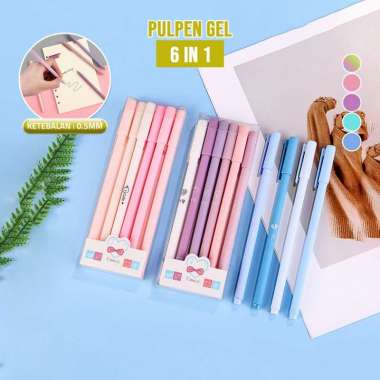 OEM ONE-A48 Pulpen Gel 6IN1 Motif Polos Warna Pastel Gaya Korea / Alat Tulis Pena Cair 0.5mm / Pena