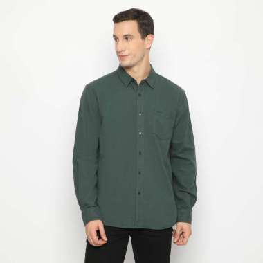 POLICE Kemeja Polos Cotton Slub Regular Fit Lengan Panjang Pria Hijau Botol M