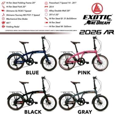 Sepeda Lipat 20 inch Exotic 2026 AR Boncengan 2026AR Free Helm Pink