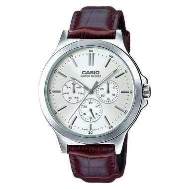 Jam Tangan Pria Casio General MTP-V300L-7AUDF Men Silver Dial Brown Leather Strap Coklat