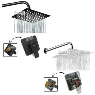 Paket Bundling Shower Tembok KOTAK dan Stop Kran Tanam Panas Dingin - Shower Mandi 10inch Black